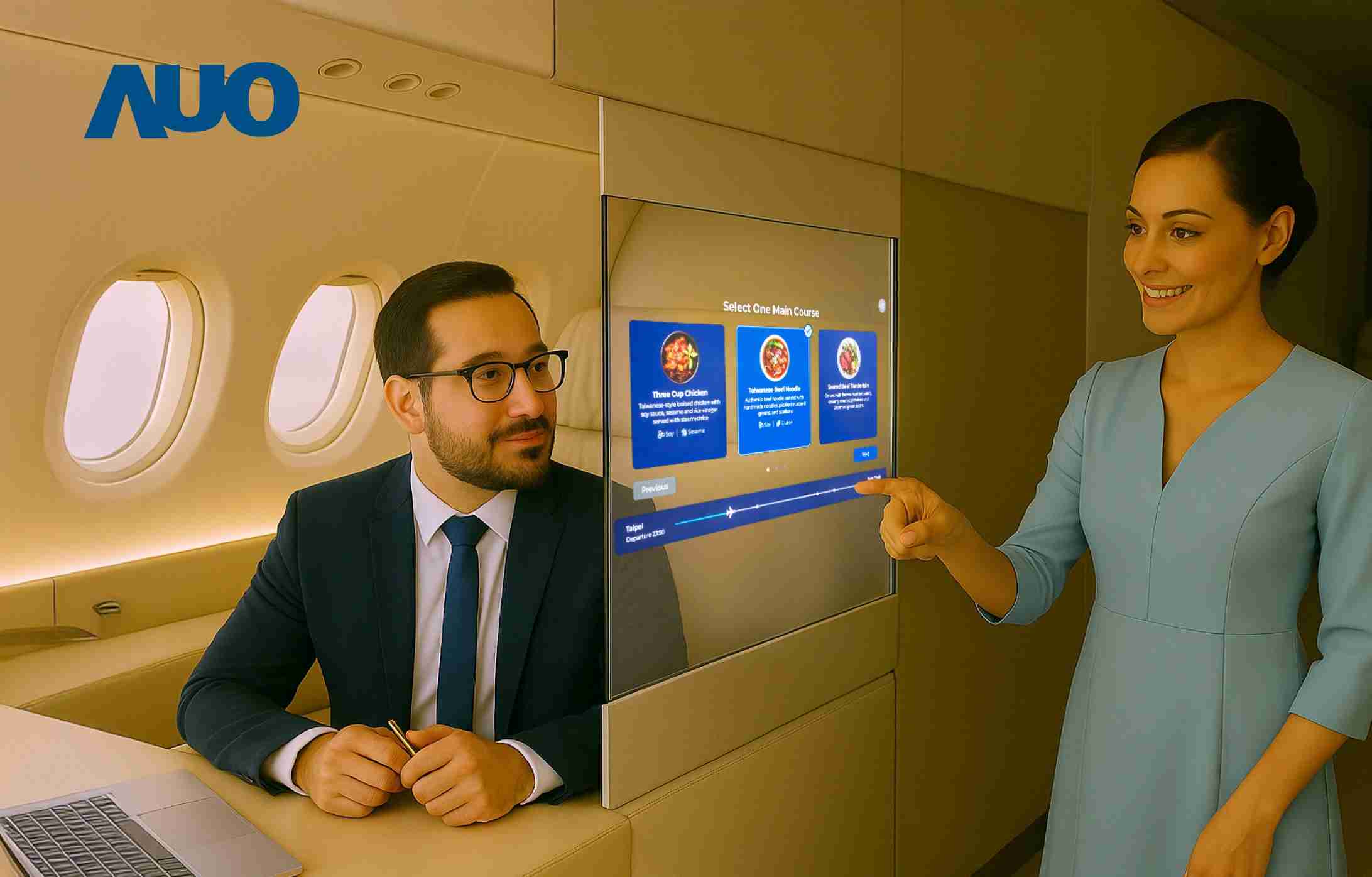 2468BET研发全球最薄17.3 吋双面透明 Micro LED 显示器，，，，可在同一屏幕之双边投射不同信息，，，创造独特的”透明化”互动；图为实时翻译交流应用情境